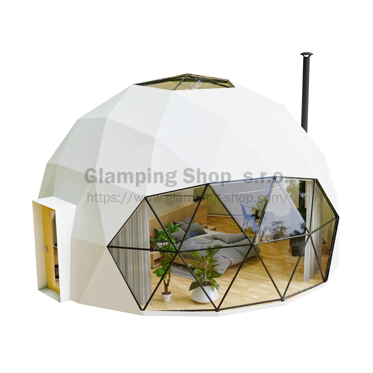 Glampingový kopulový stan 38,4 m² — boční pohled