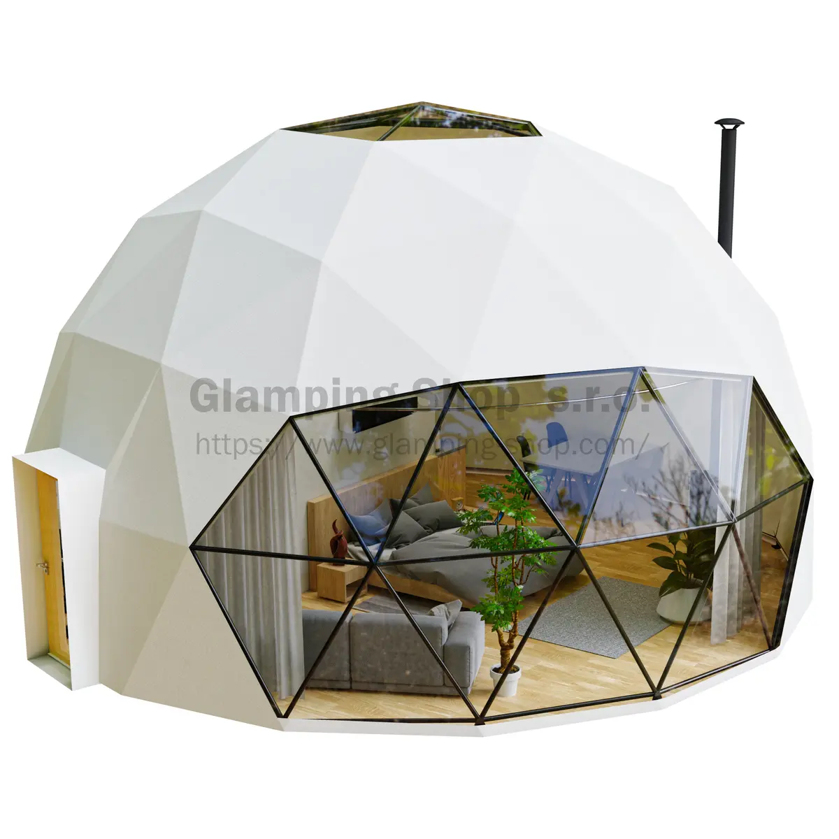 Glampingový kopulový stan 50,2 m² — boční pohled